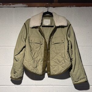 Anthropologie Women's Quilted Sherpa Collar Jacket - Olive